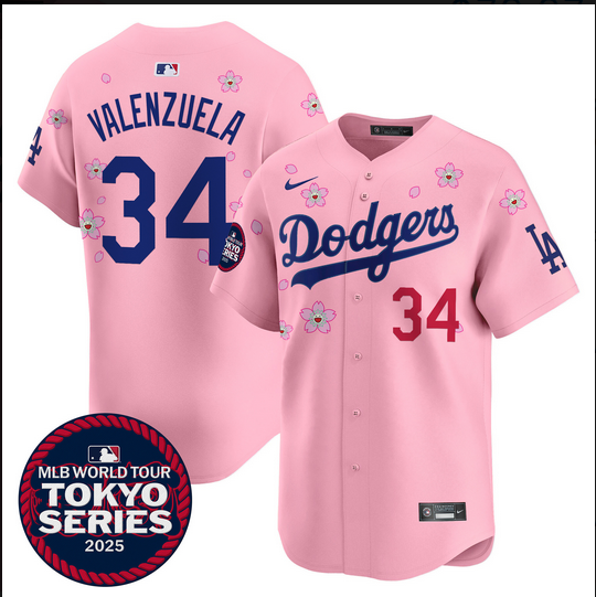Men Los Angeles Dodgers 34 Valenzuela Tokyo Series 2025 pink Limited Stitched Jersey